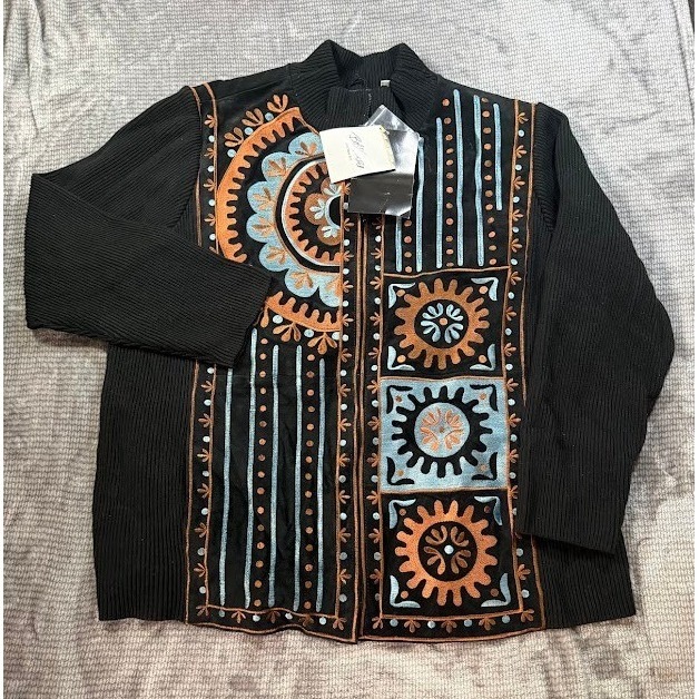 Bob Mackie Wearable Art Leather Embroidered Knit Jacket Black Plus 2x Nwt